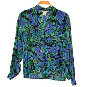 Paul Stanley Vintage 100% Silk Floral Print‎ Long Sleeve Button Up Blouse